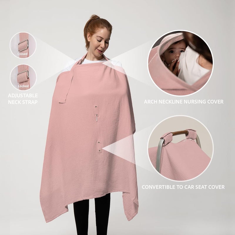 Nilsa 5-in-1 Muslin Nursing Cover up for Breastfeeding & Baby Car Seat Cover - Breathable Breastfeeding Cover With Rigid Hoop - 100% Cotton Privacy Apron Breast Feeding Covers For Women (Blush) - Image 3